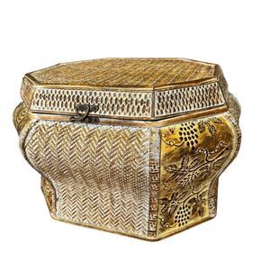 Asian Style Vintage Woven Carved light metal/Wooden Trunk inside storage box